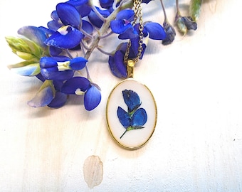 Real Texas Bluebonnet Pressed Flower Gold Wildflower oval Pendant Necklace