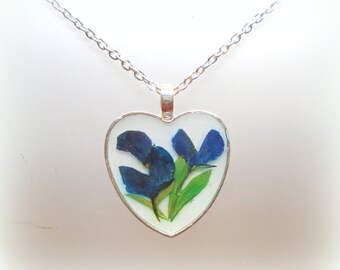 Texas Bluebonnet Real Pressed Flower Silver Plated Heart Pendant Necklace