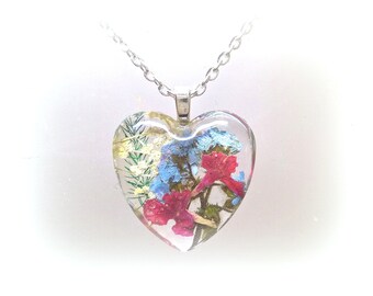 Verbena Foreget me Not Queen Annes Lace Heart Collar con colgante de resina de cristal con flor prensada real