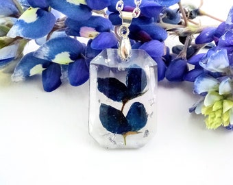 Texas Bluebonnet Real Pressed Flower Faceted Silver Resin Necklace