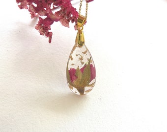 Real Red Rose Bud Pressed Flower Rosebud Gold Resin Tear Drop Pendant Necklace