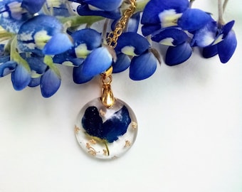 Texas Bluebonnet Real Pressed Flower Wildflower Gold Pendant Necklace Round