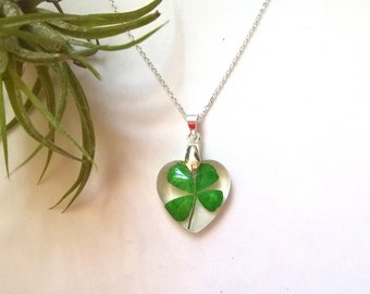Real Four Leaf Clover Small Heart Resin Shamrock Pendant Necklace