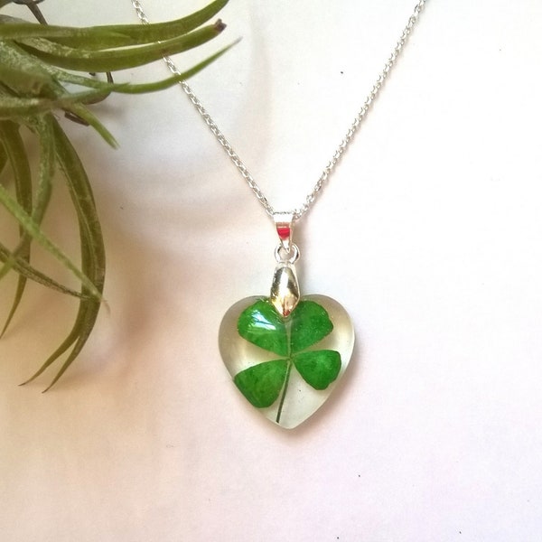 Real Four Leaf Clover Small Heart Resin Shamrock Pendant Necklace