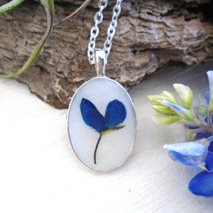 Texas Bluebonnet Real Pressed Flower Blue Bonnet Wildflower Silver Plated  oval Pendant Necklace