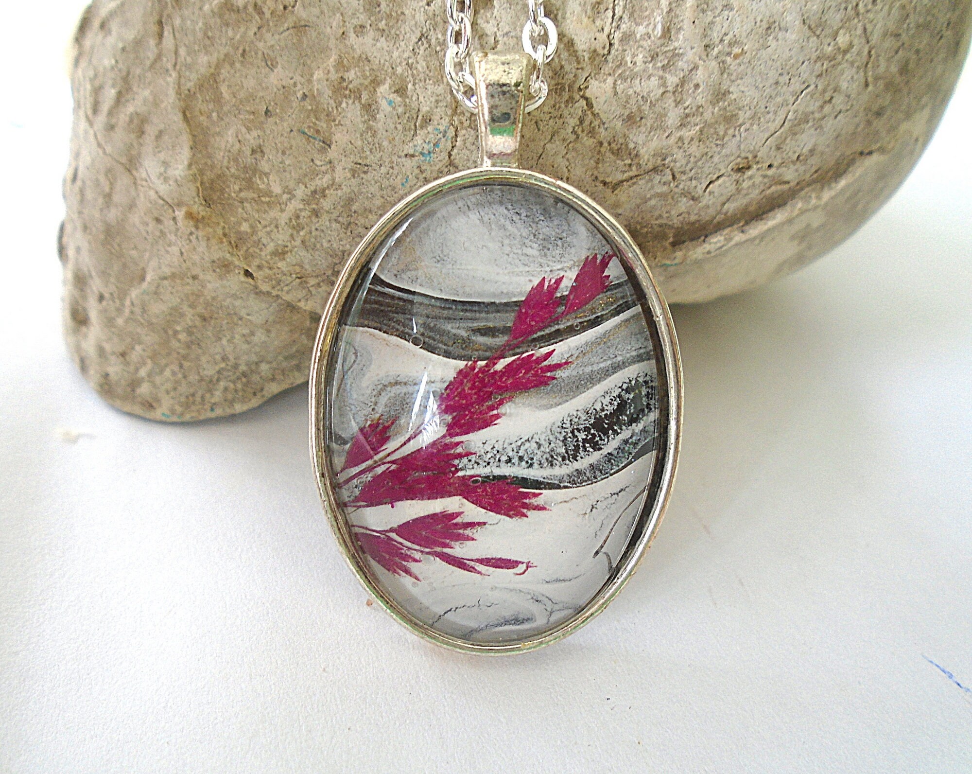 Real Pressed Grass Glass Black and White Hand Painted Silver Pendant  Necklace