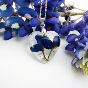 Texas Bluebonnet Real Pressed Flower Heart Jewelry Resin Silver Wildflower Pendant Necklace