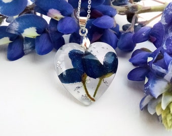 Texas Bluebonnet Real prensado flor corazón joyería resina plata flor silvestre colgante collar