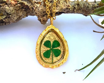 Lucky Real Pressed Four Leaf Clover Gold Irish Resin Tear Drop Pendant Necklace