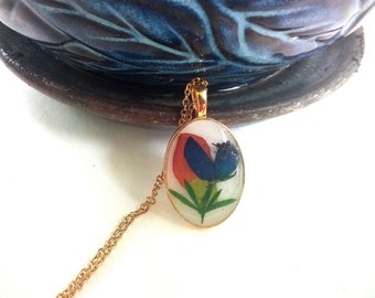 Texas Indian Paintbrush Bluebonnet Real Pressed Flower Wildflower Gold Pendant Necklace Round