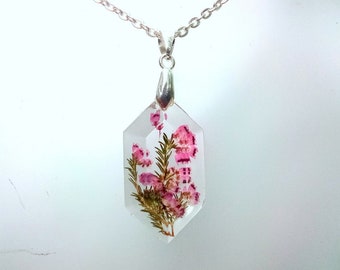 Pink Heather Real Pressed Flower Faceted Resin Silver Pendant Necklace