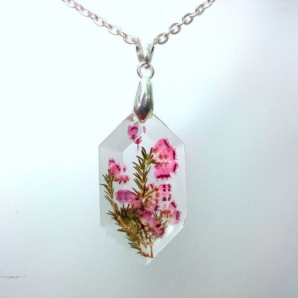 Pink Heather Real Pressed Flower Faceted Resin Silver Pendant Necklace