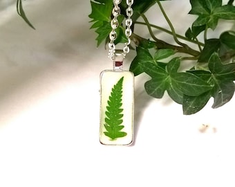 Real Pressed Fern Pendant Necklace Silver Plated Rectangle Woodland Nature Forest Jewelry