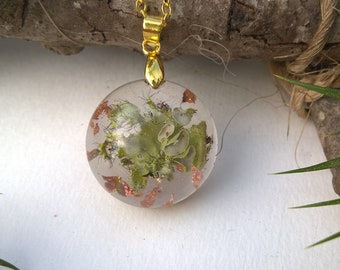 Real Lichen Woodland Resin Nature Round Forest  Pendant Necklace