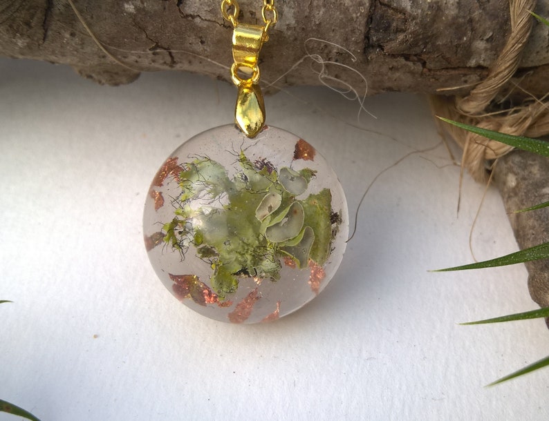 Real Lichen Woodland Resin Nature Round Forest Pendant Necklace image 1