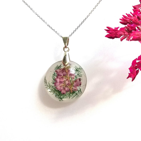 Heather and Fern Pink Sterling Silver Pressed flower Round Pendant Necklace