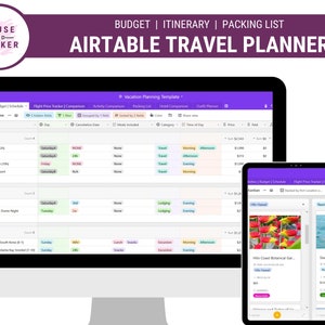 May include: Screenshot of a computer screen showing a travel planning template in Airtable. The template includes sections for budget, itinerary, packing list, flight price tracker, activity comparison, hotel comparison, and outfit planner. The screen also shows a mobile device with a Kanban board for travel activities.