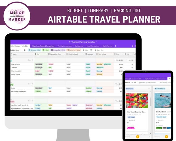 Digital Travel Planner Travel Spreadsheet Airtable Database Template Hotel Comparison Flight Comparison Itinerary Schedule Instant Download