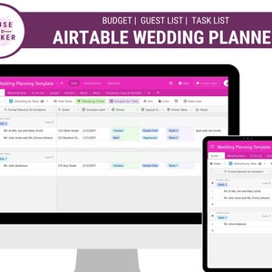 May include: Airtable wedding planner template displayed on a computer monitor and tablet. The screen shows a spreadsheet with columns for guests, addresses, and meal preferences. The top banner reads "AIRTABLE WEDDING PLANNER."