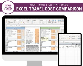 Excel Workbook Travel Planner Forms 3 Blätter Hotelvergleich Flugvergleich und Urlaubstabelle zum Kostenvergleich Sofort Download