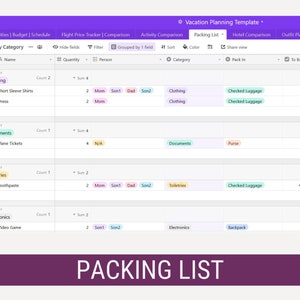 May include: A screenshot of a packing list template with categories for clothing, documents, toiletries, and electronics. The list includes items like short sleeve shirts, plane tickets, toothpaste, and a video game. The template allows users to track the quantity of each item and who is packing it.