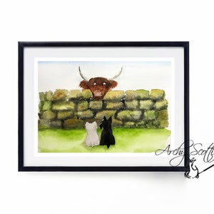 Unframed Scottie Dog, Westie & Highland Cow Art Print 'Highland Boo'  #87 Scotland A5-A4