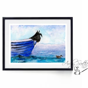 Unframed Scottie Dog &#39;Boat Fun&#39; Fine Art Print   #600 Scottish Terrier Decor A5-A4