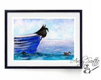 Unframed Scottie Dog 'Boat Fun' Fine Art Print   #600 Scottish Terrier Decor A5-A4