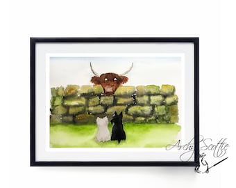 Unframed Scottie Dog, Westie & Highland Cow Art Print 'Highland Boo'  #87 Scotland A5-A4