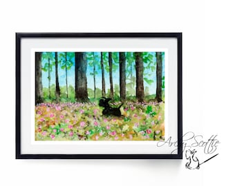 May include: Watercolor painting of a black dog running through a forest clearing with pink flowers. The trees are green and the sky is blue.