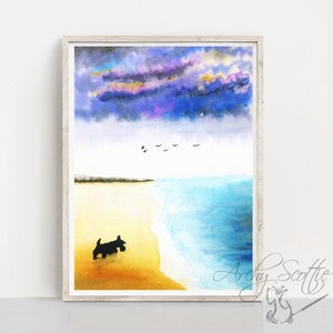 Scottie Dog Beach Walk Art Print: Scottish Terrier Watercolor (A5)
