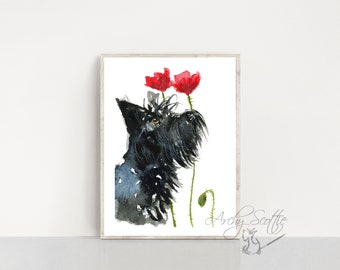 Scottie Dog Art Print Scottish Terrier 'Poppies' #28 Scottish Terrier Decor A4-A5