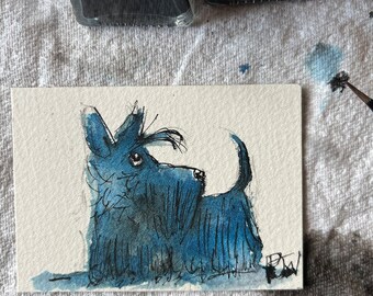 Scottie Dog ACEO Original Pen and Ink  Painting 'Blue’