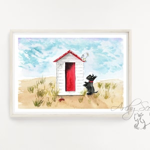 Scottie Dog Beach Hut Watercolor Art Print