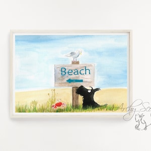 Scottie Dog &#39;Beach&#39; Art Print: Scottish Terrier Decor, Unframed