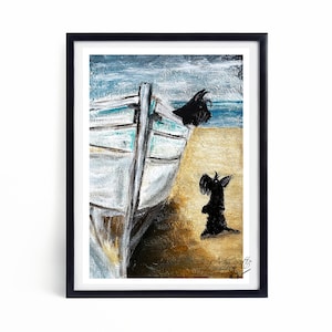 Unframed Scottie Dog 'Boat Scotties' Fine Art Print  Scottish Terrier Decor A5-A4 #606