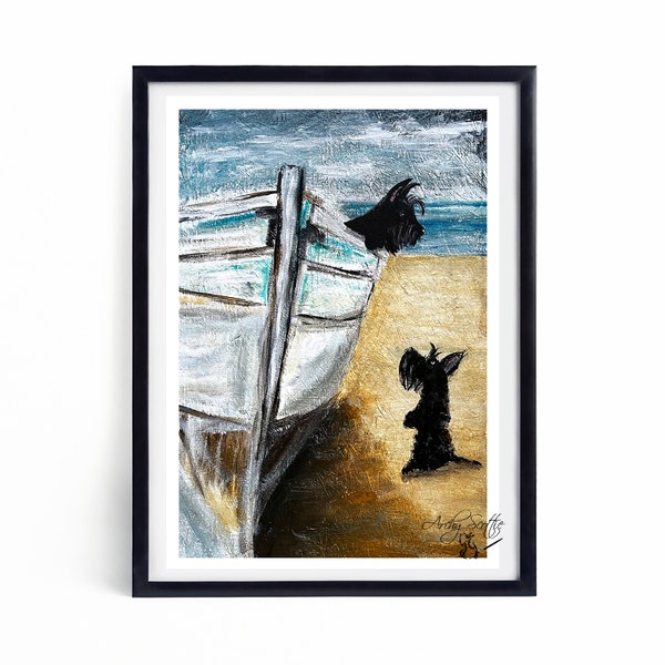 Unframed Scottie Dog 'Boat Scotties' Fine Art Print  Scottish Terrier Decor A5-A4 #606