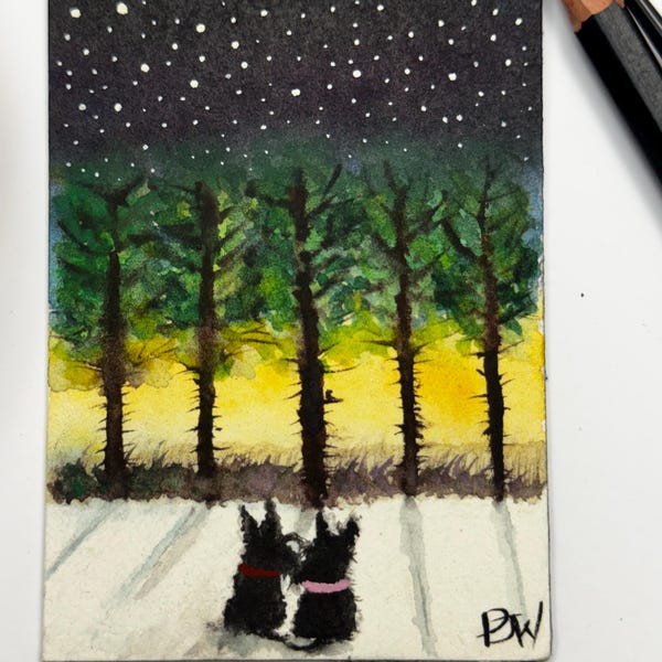 Scottie Dogs watching sunset ACEO Original Watercolour Painting