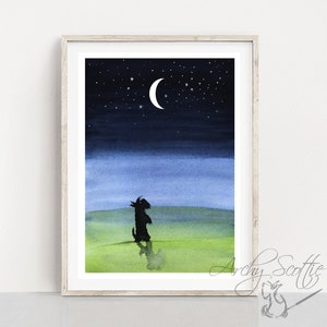 Scottie Dog &#39;Moon & Stars&#39; Watercolor Art Print