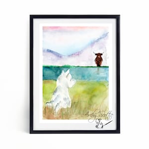 Westie Dog & Highland Cow Art Print   Westie Art, West Highland Terrier Art, Westie Decor, Terrier Art, Dog Breed Art, Dog Lover Gift,# 308