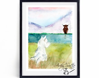 Westie Dog & Highland Cow Art Print   Westie Art, West Highland Terrier Art, Westie Decor, Terrier Art, Dog Breed Art, Dog Lover Gift,# 308