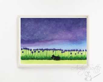 Scottie Dog Fine Art Print 'Purple Flowers' #138 Scottish Terrier Scottish Terrier Decor