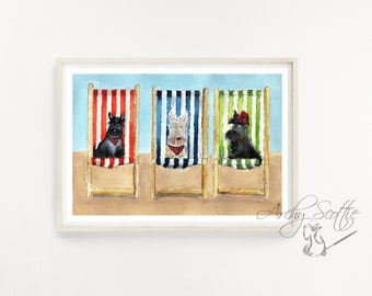 May include: Three Scottish Terriers sit in striped beach chairs on a sandy beach. The dog in the middle is white, the dog on the left is black with a red bandana, and the dog on the right is black with a red and green hat.