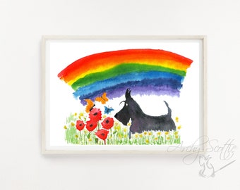 May include: Watercolor painting of a black Scottish Terrier standing in a field of red poppies and white daisies with a rainbow arching over the dog. There are butterflies flying around the dog.