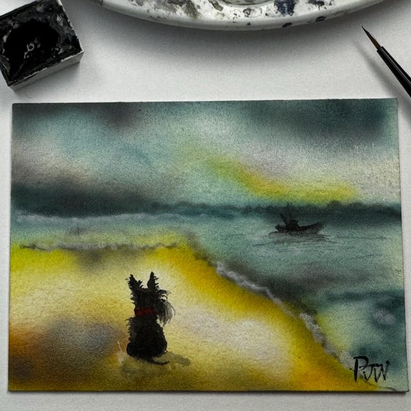 Scottie Dog looking out to Sea ACEO Original Watercolour and airbrush Painting