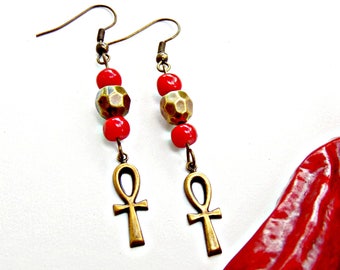 Red Coral Ankh Earrings