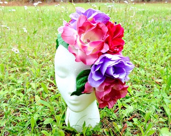 Pink and Purple Floral Fascinator, wedding headpiece, bridal accessories, flower half crown, spring wedding headpiece