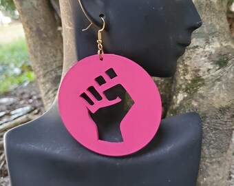 Empowerment" -Big Bold Pink and Purple Power Fist Earrings, 4" Large Painted Wooden Earrings