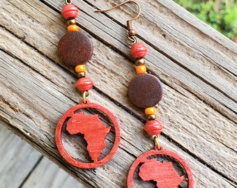 African Sunset Wooden Africa Earrings, Dangle Earrings, Wood Earrings, African Inspired Earrings,  Handpainted Africa Earrings,  3.5"