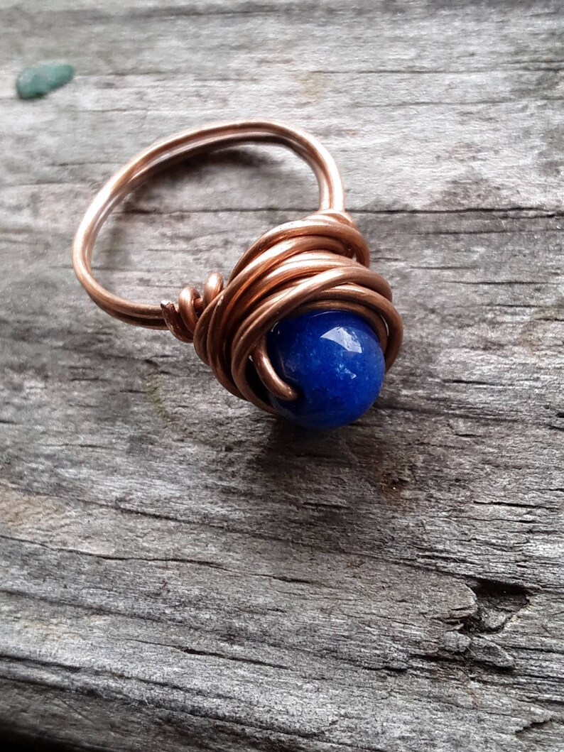 Jade Copper Ring Dyed Blue Size 8